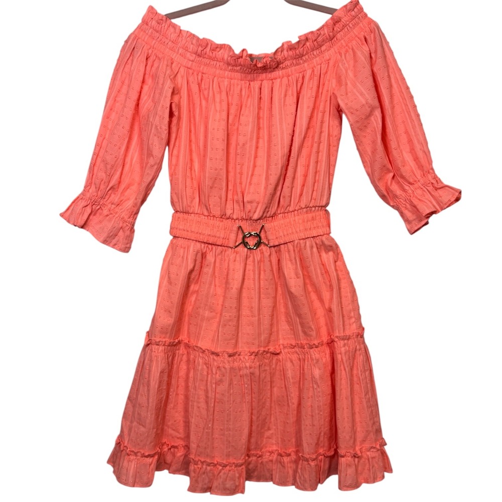 Lilly Pulitzer Coral Pink Dobby Cotton Off Shoulder Tiered Dress Heart Belt M